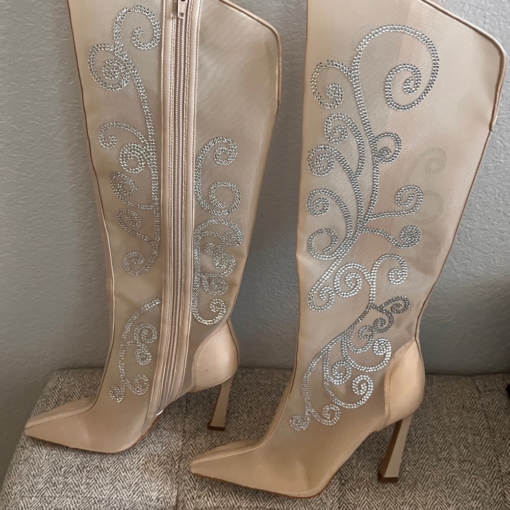 Elegant Cream Sheer High Heel Boots with Silver Accents
